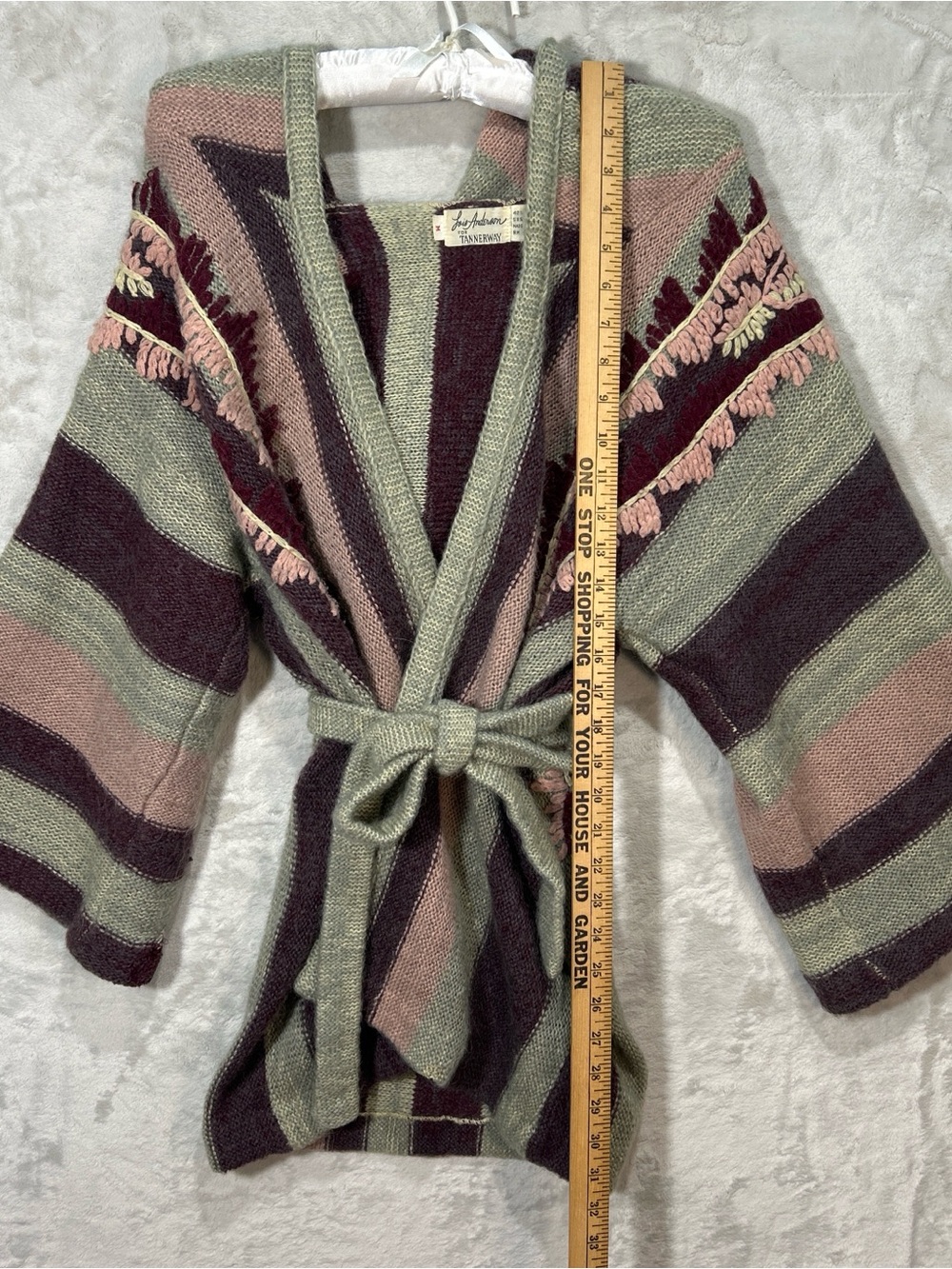 Vintage 70s boho twee tie waist striped embroidered hooded cardigan sweater M - Picture 5 of 9